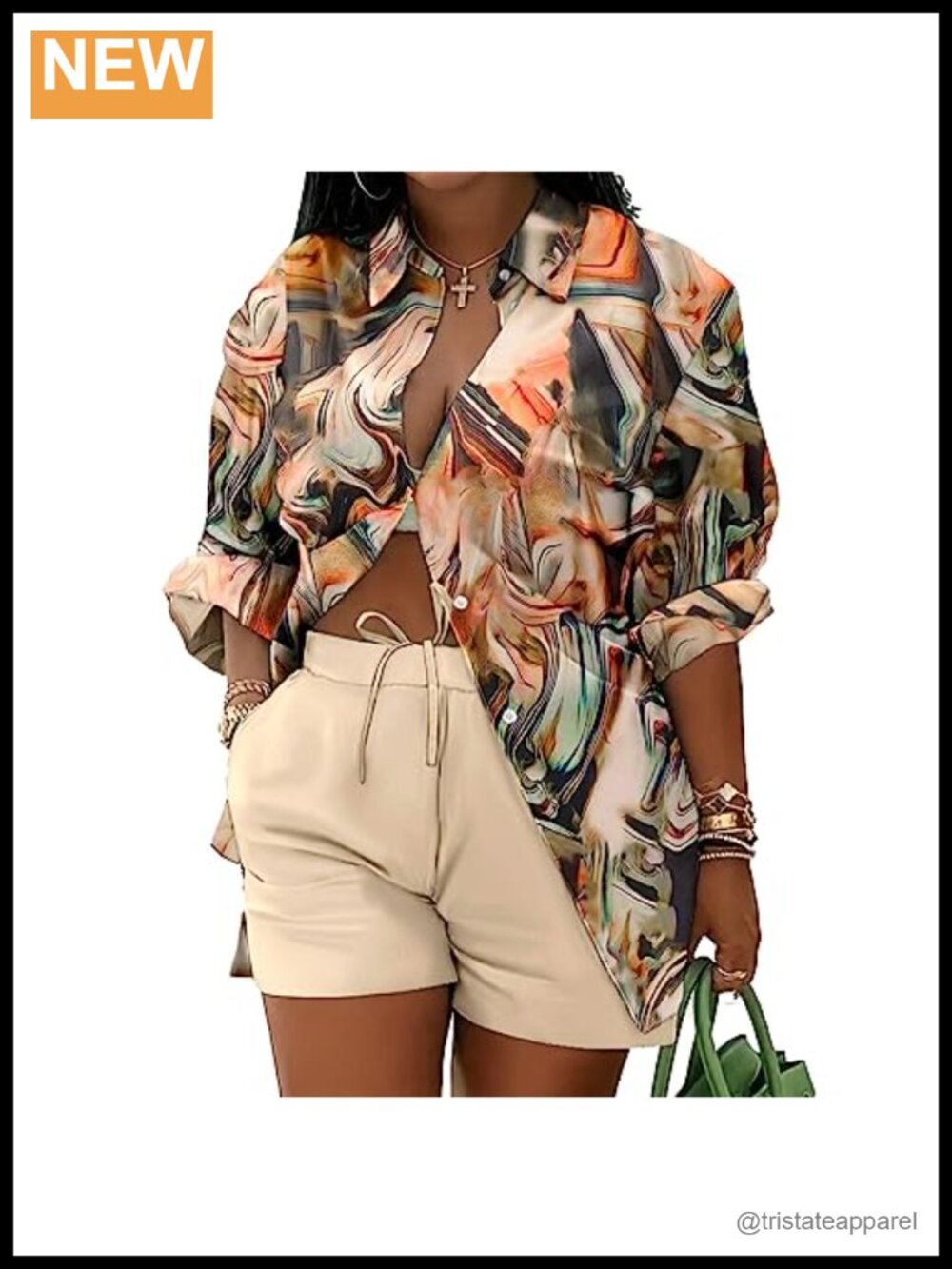2-Piece Women's Short Set Long Sleeve Print Shirt Lace-Up Shorts Vacation Cotton